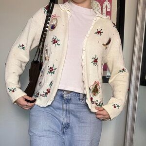 Embroidered Cream Cardigan Sweater